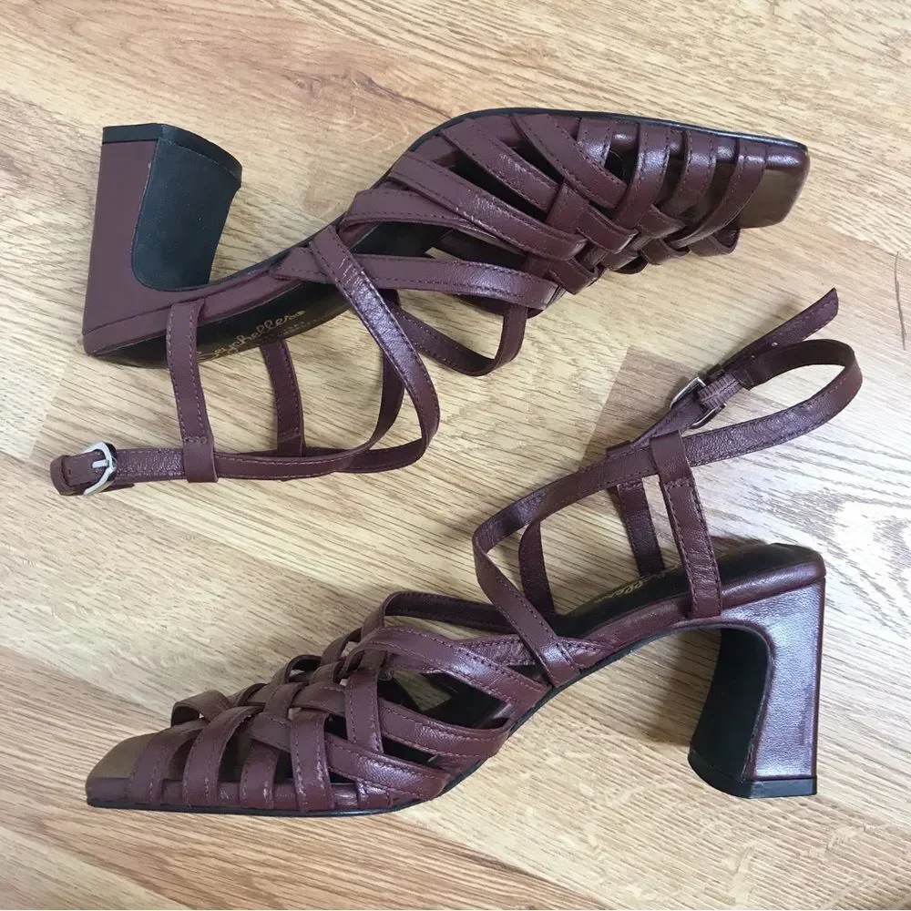 SEYCHELLE Burgundy Braided Leather Chunky Heel Sandal Strappy Woven‎ Size 6
